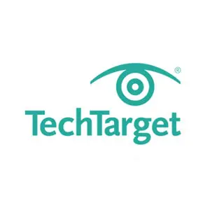 The image shows the TechTarget logo, featuring the company name TechTarget in teal font, with a stylized eye design above it, incorporating concentric circles to represent a targeted focus.
