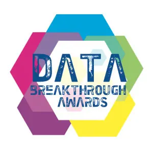 Logo with the text Data Breakthrough Awards in blue, set against a background of overlapping hexagons in pink, blue, purple, green, and yellow.