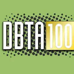 Logo for DBTA 100 on a green background with a dotted pattern. DBTA is in bold white letters with black shadows, and 100 is in bold white letters on a yellow rectangular background.