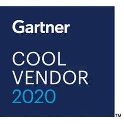 Gartner Cool Vendor 2020 logo, featuring white and blue text on a dark blue square background.