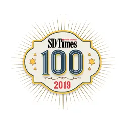 Logo with SD Times 100 in large letters and 2019 below it. The design is bordered by a decorative outline with star accents and rays extending outwards, giving a sunburst effect.