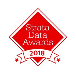 Red diamond-shaped logo with Strata Data Awards written in white. Below it, a white banner with red text reads 2018, flanked by two red stars.