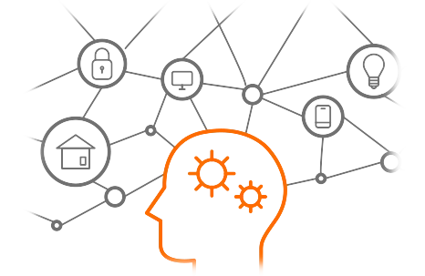 Silhouette of a head with orange gears inside, symbolizing thoughts or processes akin to machine learning. Behind the head, gray connected nodes and lines suggest a network or interconnected ideas.
