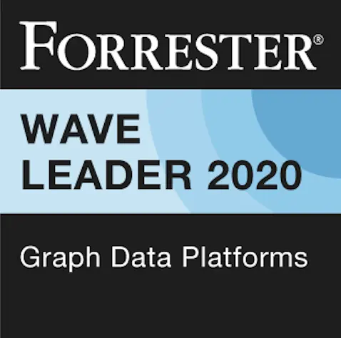 Image displays a Forrester badge reading WAVE LEADER 2020 for Graph Data Platforms on a black and blue background.