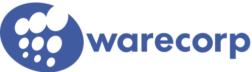 A blue logo features a circular shape with several smaller circles inside, resembling bubbles. To the right, warecorp is elegantly written in lowercase blue letters, a design as innovative as an Expero project.