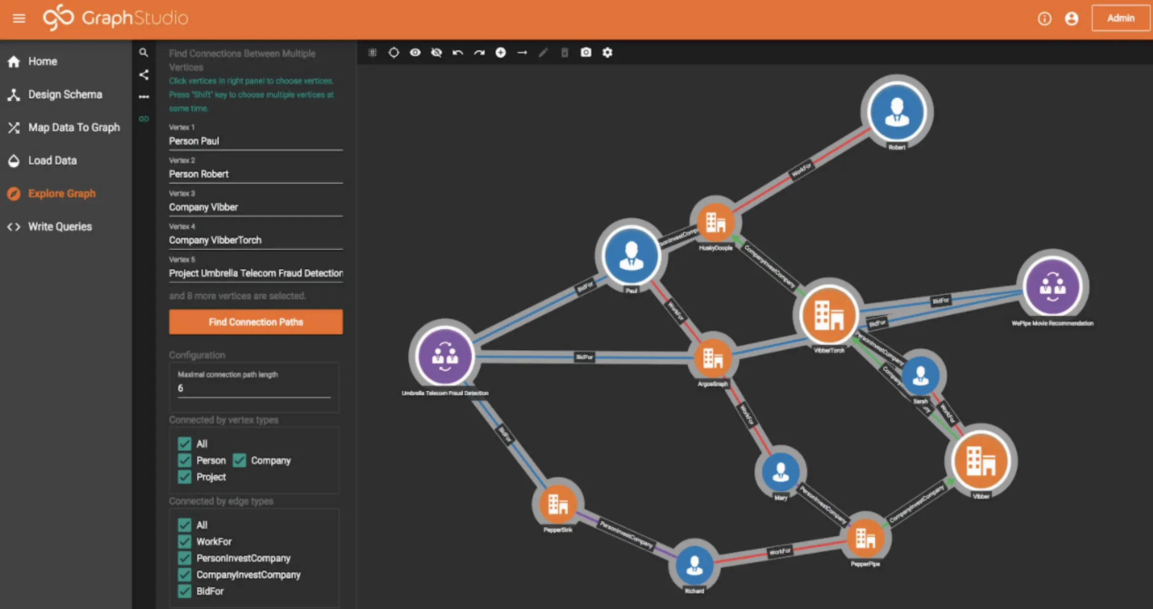 Screenshot of GraphStudio software interface displaying a network graph with nodes representing people, companies, and a major financial institution. The left pane offers options like Design Schema, Map Data, and Explore Graph, along with fields for Person ID and Company ID.