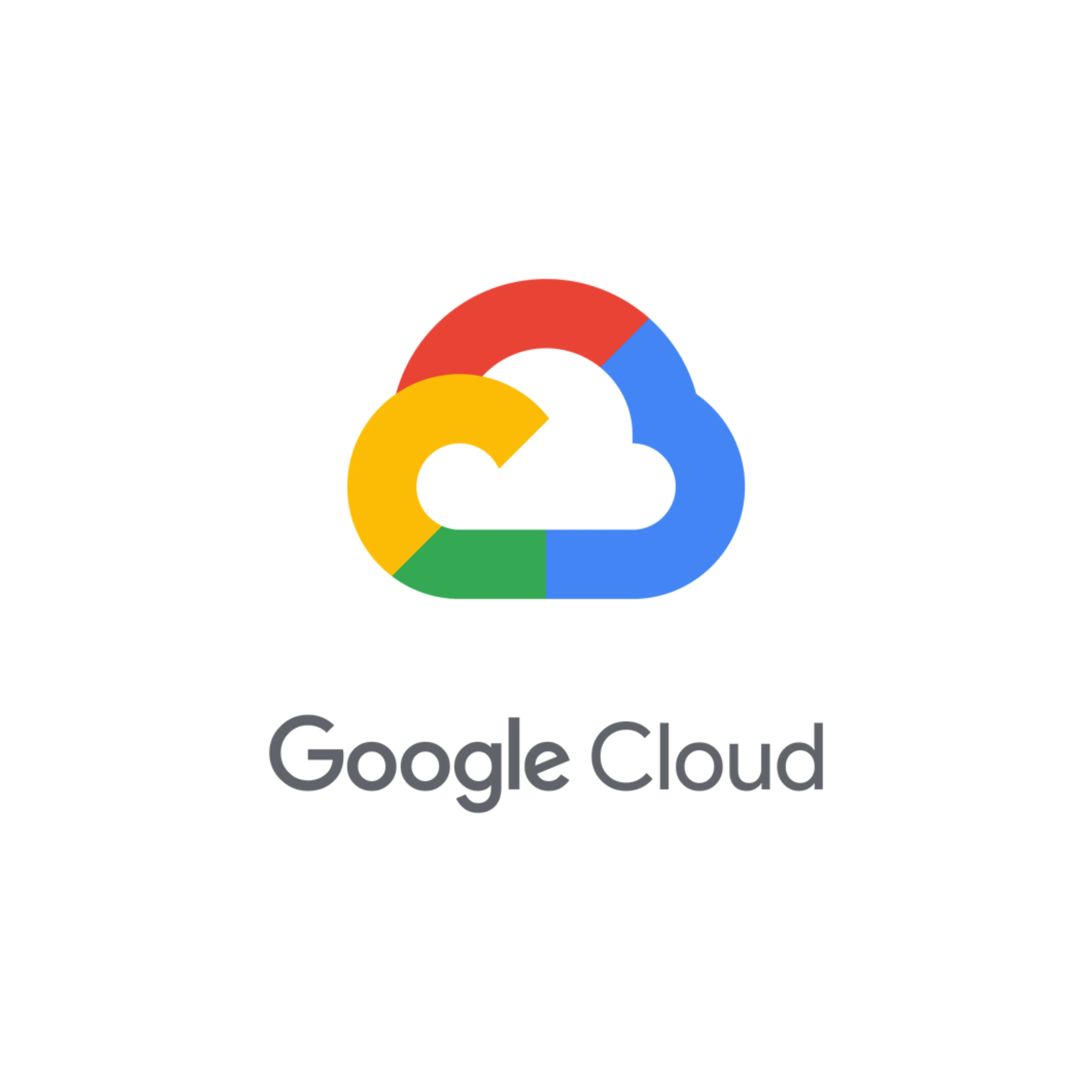 Google Cloud logo showing an abstract cloud icon composed of curved segments in red, blue, yellow, and green. Below the icon are the words Google Cloud in a clean, sans-serif font. The background is white.