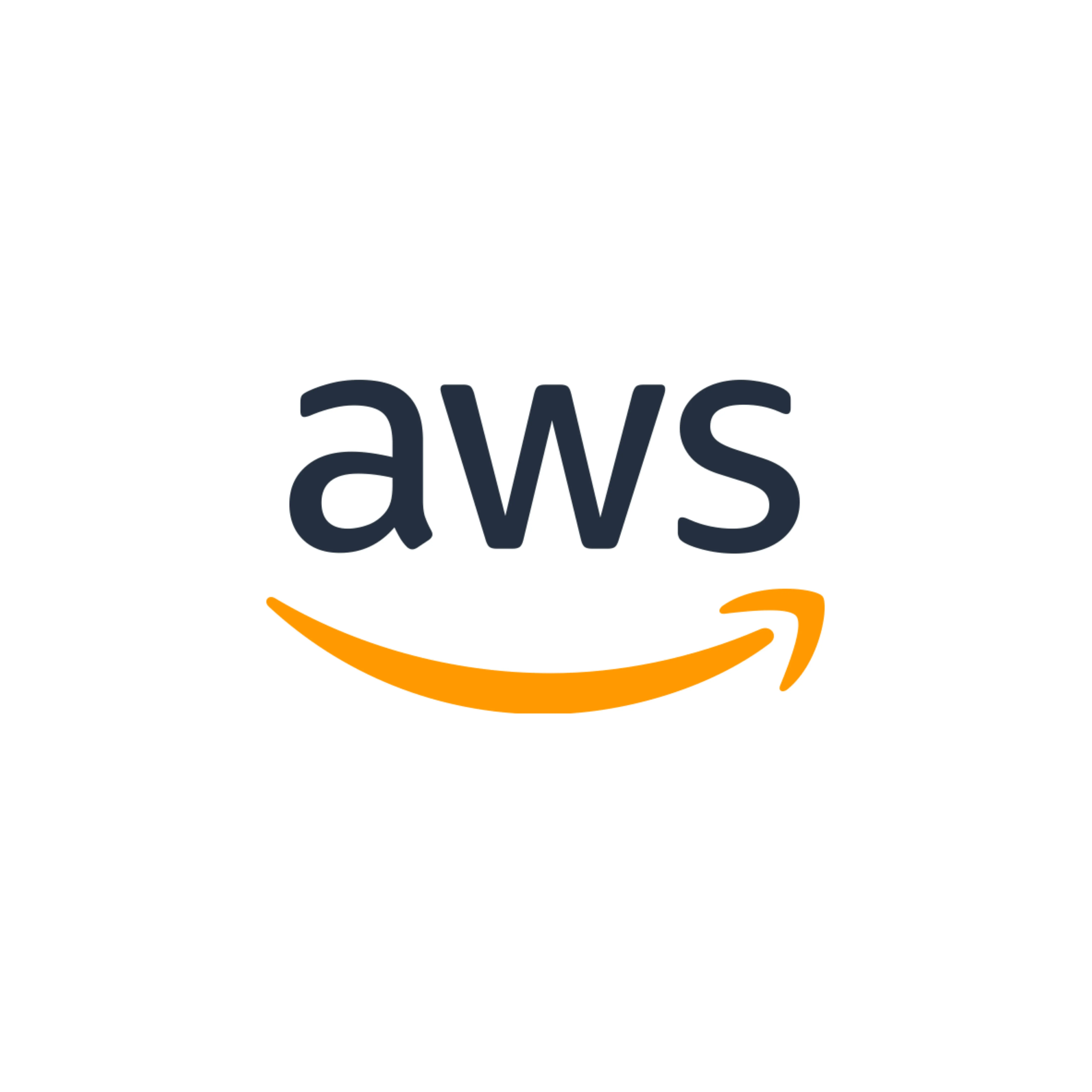 The image shows the AWS logo. It consists of the lowercase letters aws in black, positioned above an orange curved line, resembling a swoosh or smile, all set against a white background.