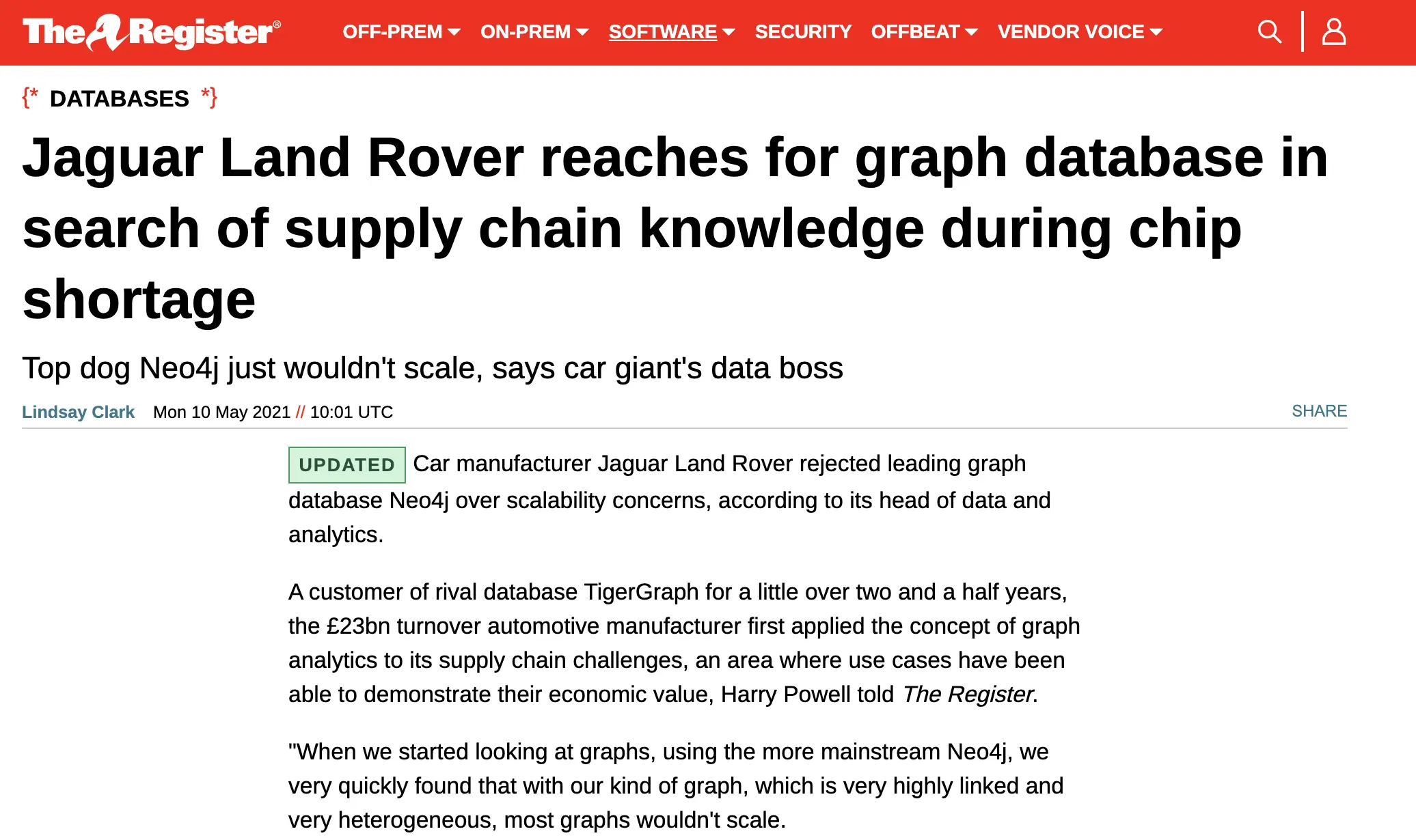 Screenshot of an article from The Register featuring Jaguar Land Rover tackling chip shortage supply chain challenges with a graph database. The headline highlights scaling issues of their previous database, offering insights from a data boss on innovative solutions.
