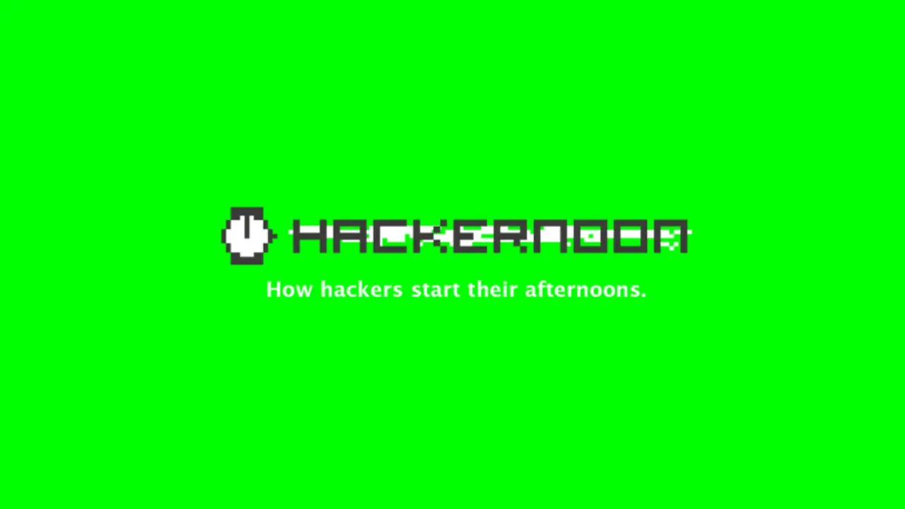 Bright green background with pixel art of a white clock next to the text HACKERNOON in gray, styled in a pixelated font. Below, the caption reads, How hackers start their afternoons.