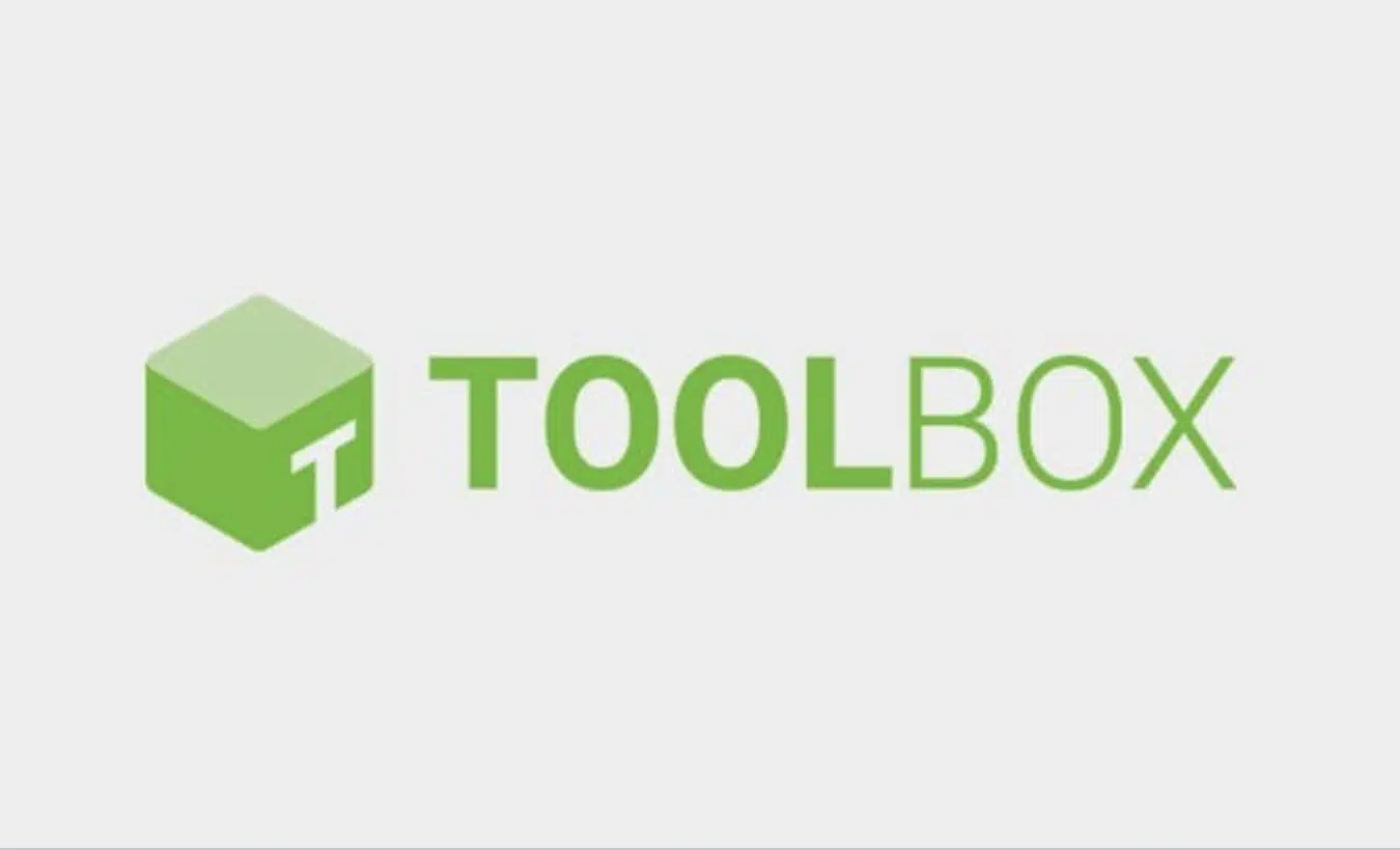 Green cube logo with the letter T inside, next to the word TOOLBOX in bold green letters on a white background.