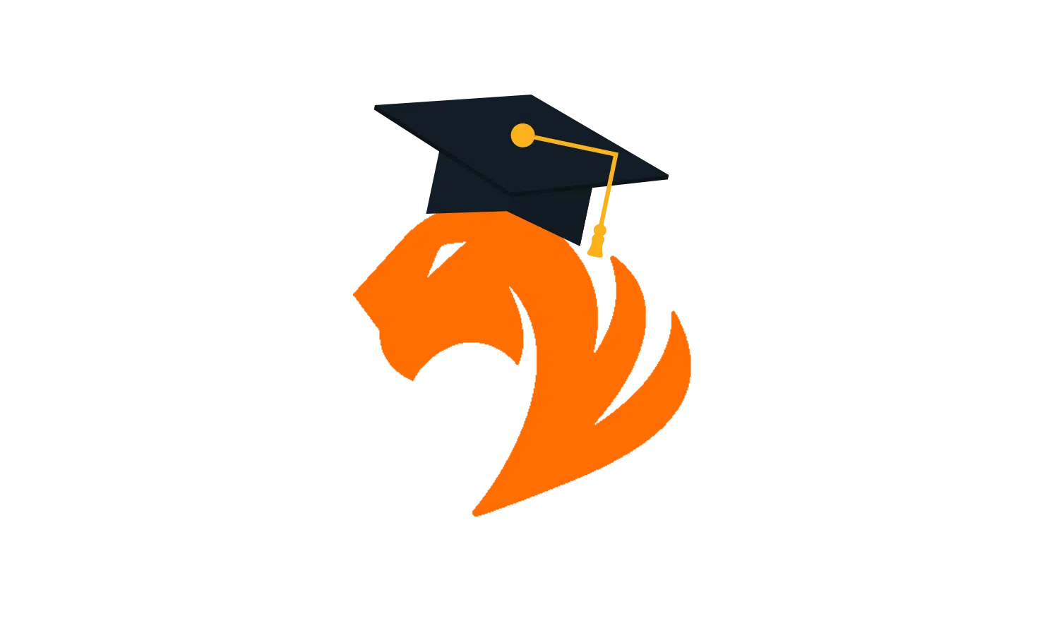 An orange lion head logo wearing a black graduation cap with a tassel, set against a black background.