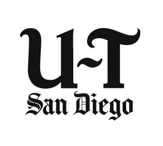 Bold, black, stylized text reads U-T San Diego on a white background. The U-T is large, with a decorative serif font, and San Diego is underneath in a smaller, gothic typeface.