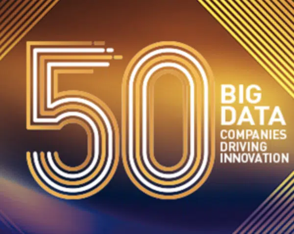 A graphic with a glowing design features the number 50 in bold, overlapping lines. Beside it, the text reads Big Data Companies Driving Innovation set against a gradient background of brown and blue hues.