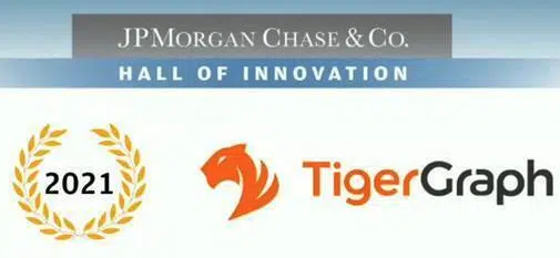 JP Morgan Chase & Co. Hall of Innovation 2021 banner featuring a laurel wreath symbol next to the TigerGraph logo with an orange tiger head icon.