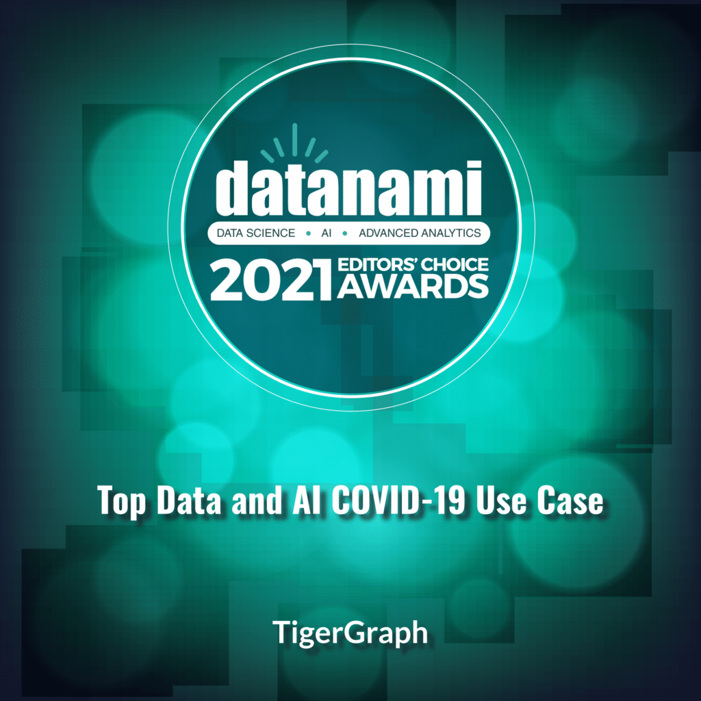 Datanami Editors Choice Awards 2021 logo on a green, abstract bokeh background. Text reads: Top Data and AI COVID-19 Use Case. The word TigerGraph is at the bottom.