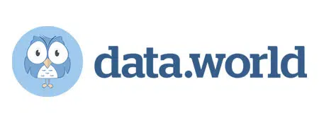 Logo featuring a blue cartoon owl with large eyes inside a circular background, followed by the text data.world in lowercase blue letters on a white background.