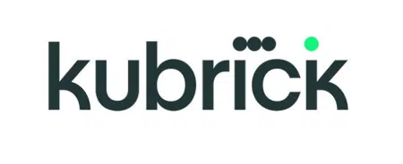 The image shows the word kubrick in black lowercase letters with an umlaut above the i and a green dot above the k.