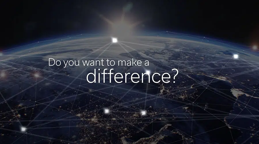 A view of Earth from space with glowing network lines and points. The sun is rising over the horizon. The text reads, Do you want to make a difference? in white font across the image.