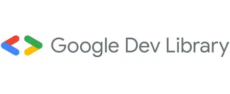 Logo for Google Dev Library, featuring an icon with two interlocked angular shapes in red, blue, yellow, and green on the left, followed by the text Google Dev Library in gray.