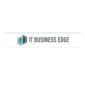 Logo for IT Business Edge, featuring a geometric design with a hexagonal shape divided into turquoise and gray sections on the left, followed by the name IT Business Edge in bold black letters on the right.