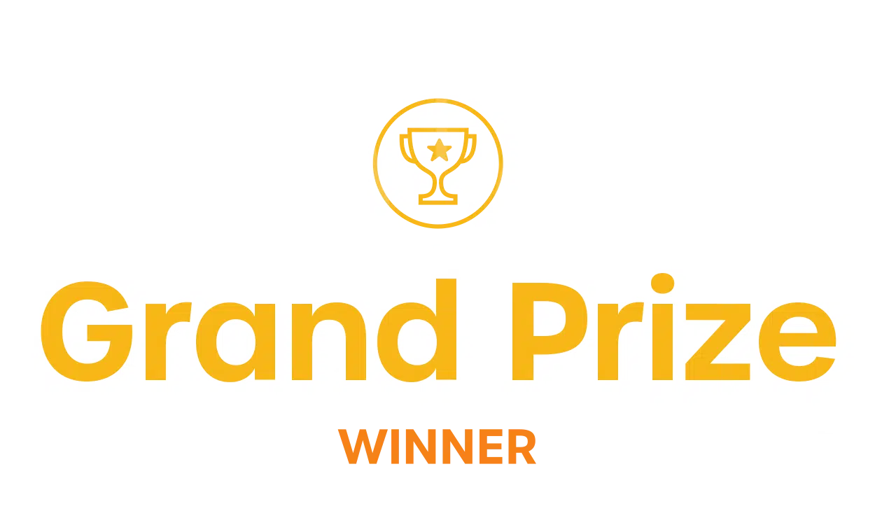 The image shows a yellow trophy icon with a star, above the text Grand Prize in large yellow letters, and Winner in smaller orange letters below.