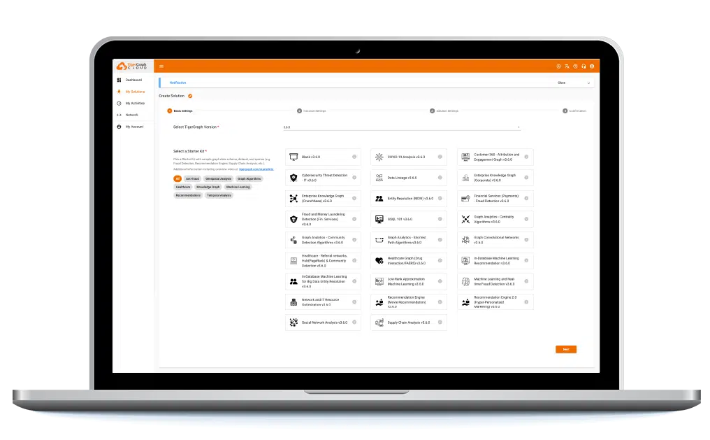 A laptop displaying a web application interface with various selectable icons and options. The screen shows a library or menu with categories like Accounts, Reports, and Settings. The interface has an orange and white color scheme.
