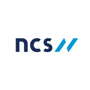 Logo for NCS. The image features the letters ncs in dark blue lowercase font. To the right, there are two slanted blue lines, resembling forward slashes. The background is white.