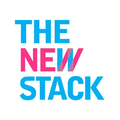 Logo for The New Stack with the word NEW in pink, and THE and STACK in blue. The W in NEW features overlapping blue and pink shapes. The background is white.