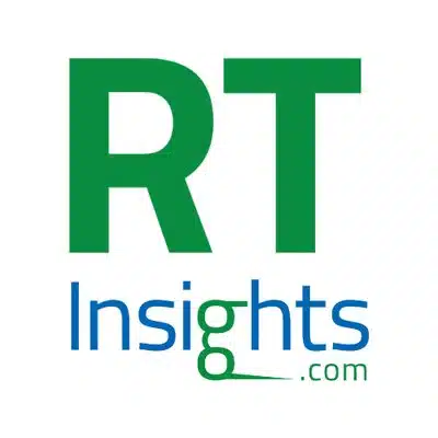 Logo with large green letters RT at the top. Below, in smaller letters, Insights.com is written in blue. The I in Insights extends into an underline beneath part of the text. The background is white.