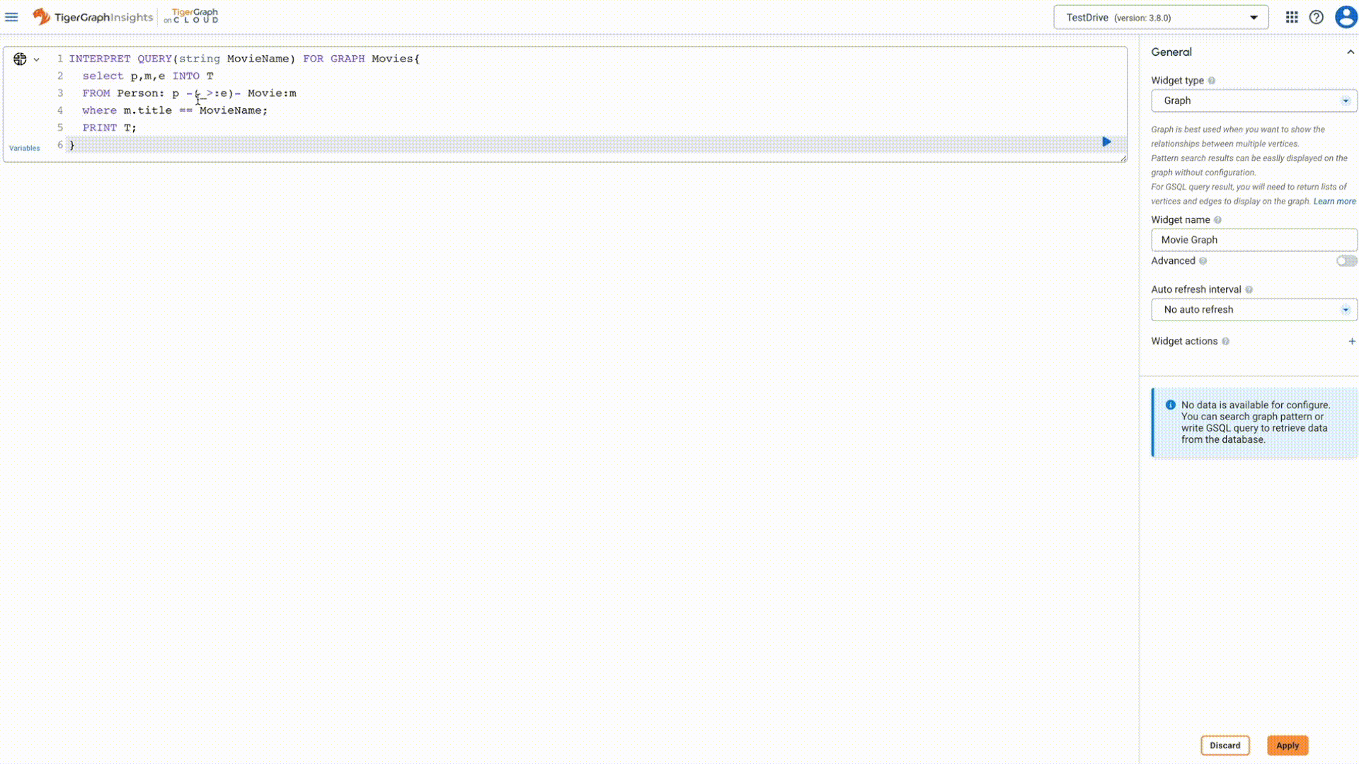 Screenshot of a cloud-based graph querying interface with vivid graph visualization. The query selects the average rating of Movie1 from a graph database named Movies1. Instructions and a warning about graph data availability are visible.