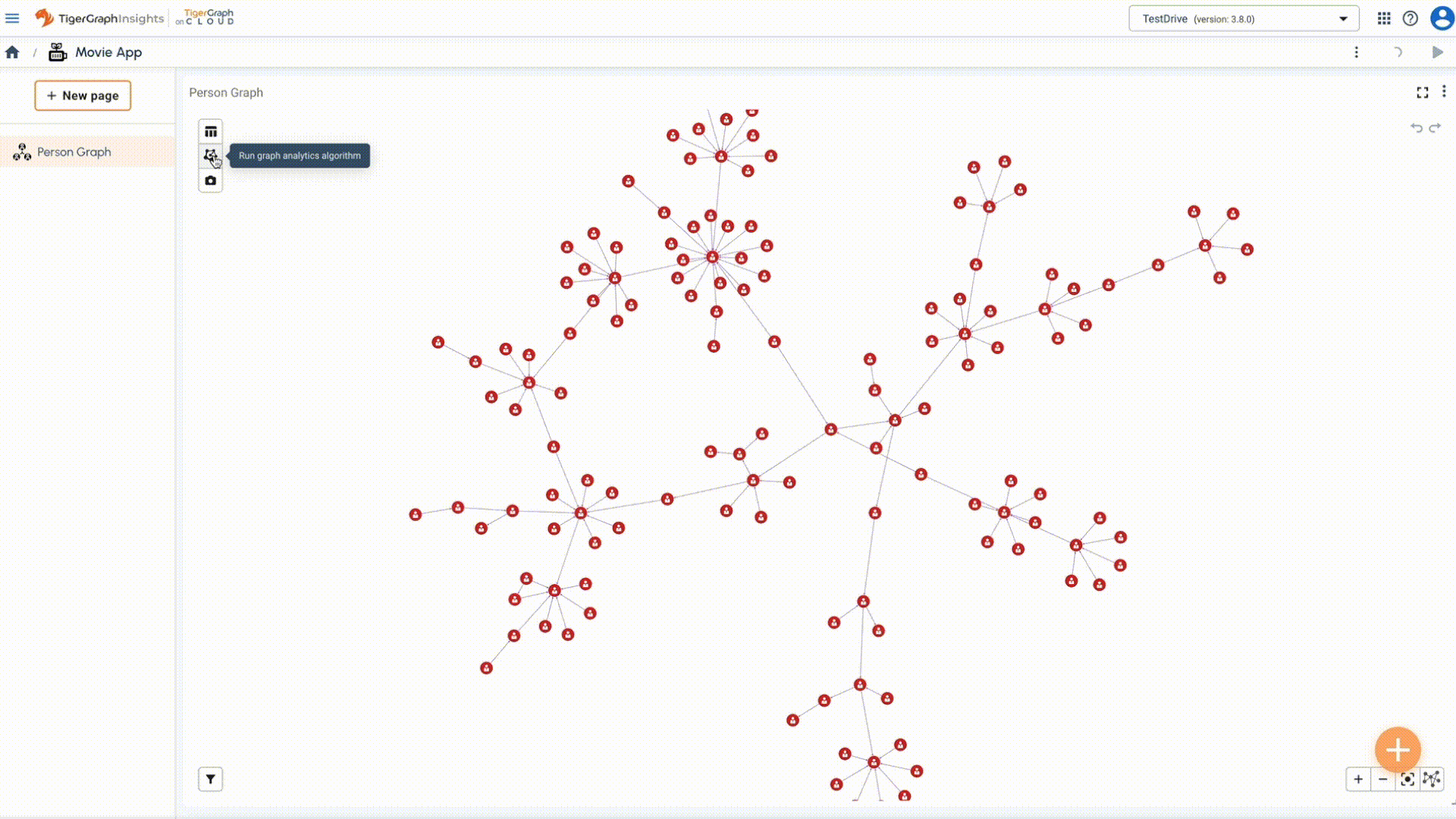 Graph visualization with red nodes connected by lines in a radial layout, displayed on a software interface. The nodes form clusters and branches spreading out from several central points. The interface features a menu on the left and a circular add button at the bottom right.