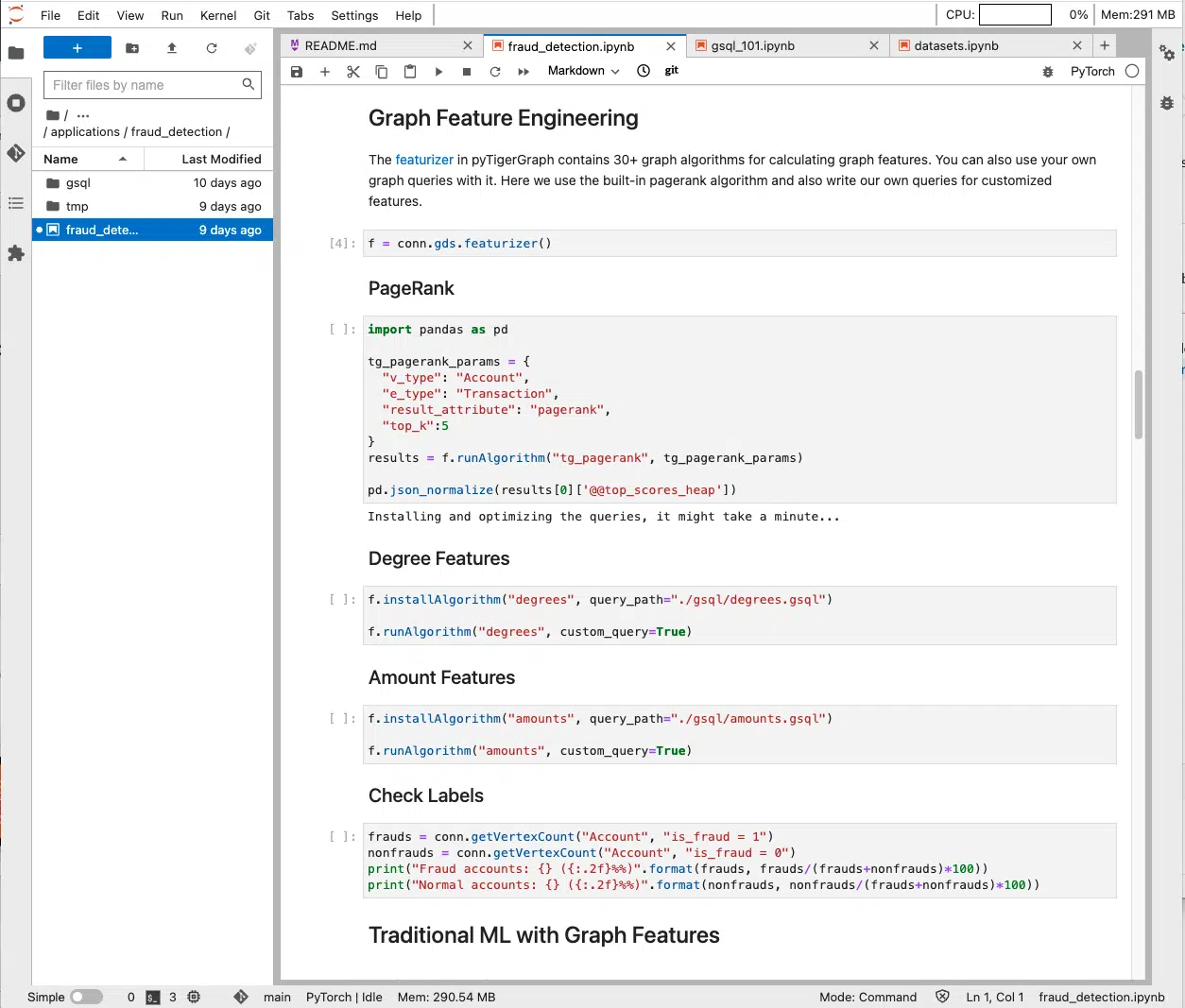 Screenshot of a Jupyter Notebook titled Graph Feature Engineering, showcasing Python code for implementing page rank, degree features, amount features, and checking labels. This concise tool integrates traditional machine learning with graph data analytics for enhanced insights.