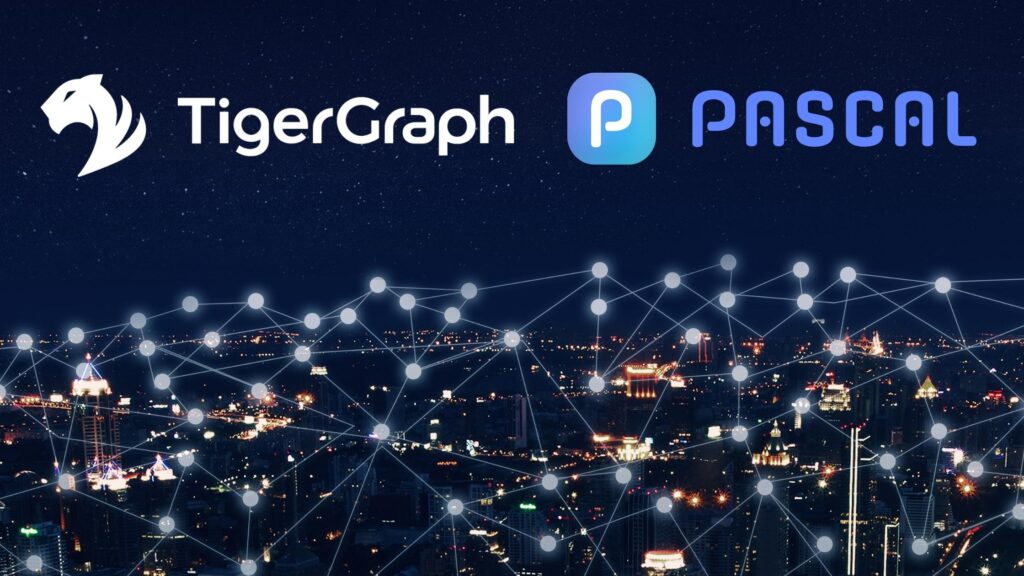 Logos of TigerGraph Cloud and Pascal against a night cityscape backdrop. A network diagram with connected nodes overlays the city, symbolizing digital connectivity and technology.