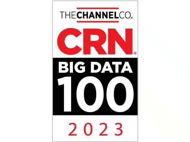 The CRN Big Data 100 2023 award logo, showcasing THE CHANNEL CO. at the top, proudly presents CRN in bold red letters. Below, BIG DATA 100 is elegantly highlighted in white and black text, with 2023 at the bottom in red, celebrating top vendor solutions.