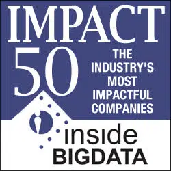 Logo for IMPACT 50 The Industrys Most Impactful Companies by insideBIGDATA, featuring bold text on a blue and white background with a stylized data-related graphic.