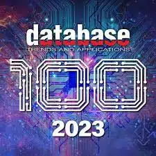 Digital artwork showing Database Trends and Applications with 100 stylized in a circuit design. 2023 is below on a colorful, abstract background resembling a digital circuit board.