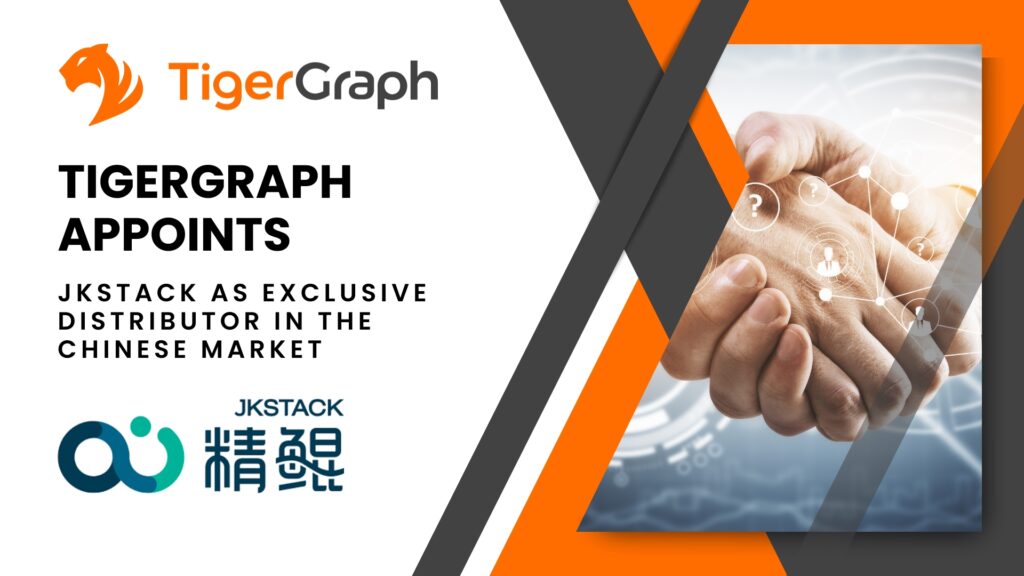 Promotional image featuring the TigerGraph logo and text announcing JKStack as the exclusive distributor in the Chinese market. Includes handshake imagery and logos for TigerGraph and JKStack.