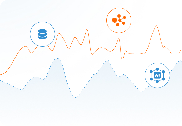 A graphic showing two line graphs: an orange line with upward peaks and a blue dashed line with lower peaks. Icons above include a database symbol, network nodes, and an AI chip, representing data and technology concepts.