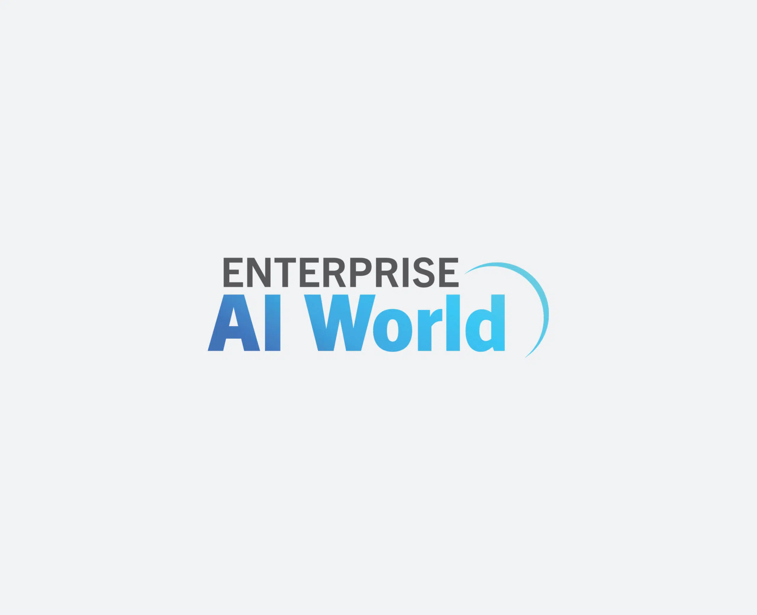 The image showcases a logo with the text ENTERPRISE AI World in a sleek sans-serif font. ENTERPRISE is elegantly gray, while AI World shimmers in shades of blue, reminiscent of TigerGraphs innovation. A light blue arc gracefully appears to the right on a soft gray backdrop.