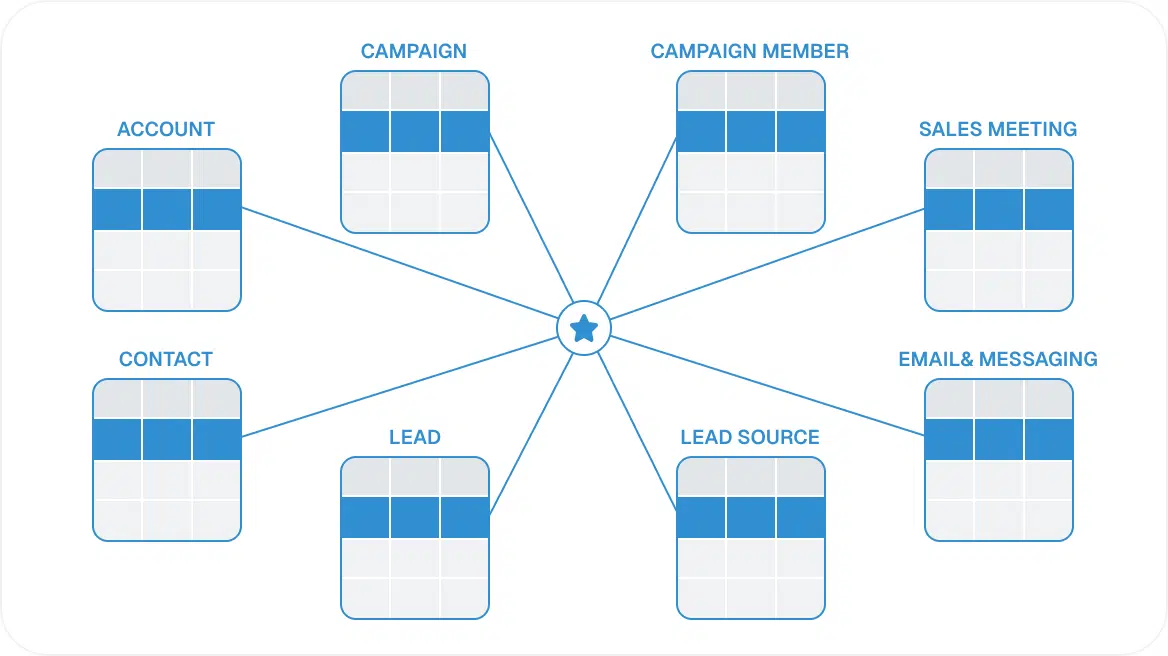 A central star connects to seven labeled boxes: Account, Campaign, Campaign Member, Sales Meeting, Contact, Lead, Lead Source, and Email & Messaging. Each box contains a grid with some blue squares, representing data or categories.