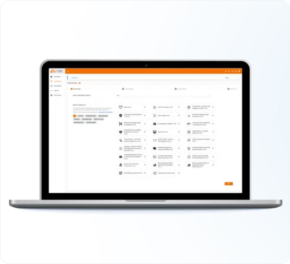A laptop displaying a software interface with an orange and white theme. The screen shows various icons and text in a grid format, indicating a dashboard or control panel layout. The laptop is on a plain white background.