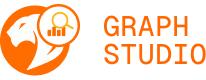 Logo of Graph Studio featuring an orange lions head silhouette. A white magnifying glass icon with a bar graph is overlayed on the lion. The words Graph Studio are written in orange, bold letters on the right.