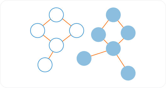 Two geometric structures: one with six circles, the other with five circles, connected by orange lines. The circles on the left are white with blue outlines, while those on the right are solid blue.