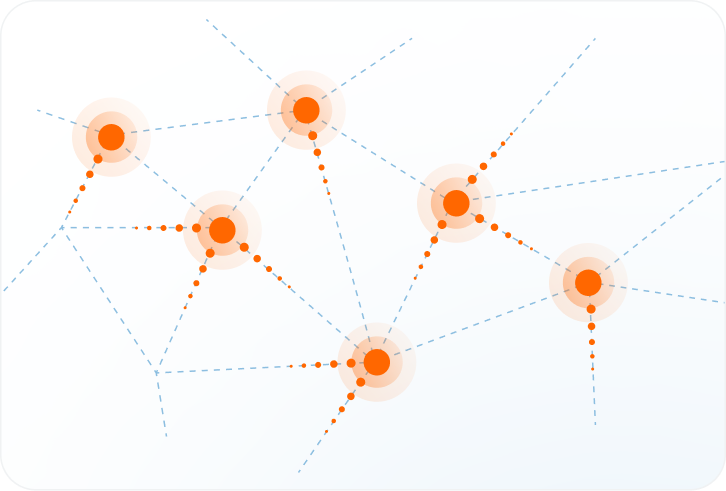 Abstract network diagram with six orange dots connected by dashed blue lines, illustrating interconnected nodes. Each dot has orange concentric circles around it, representing network activity or connections on a light background.