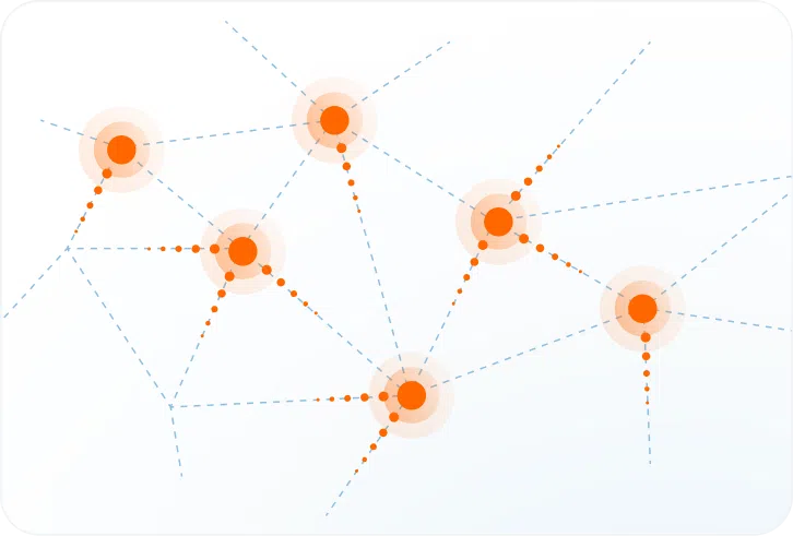 Abstract network diagram with six orange dots connected by dashed blue lines, illustrating interconnected nodes. Each dot has orange concentric circles around it, representing network activity or connections on a light background.
