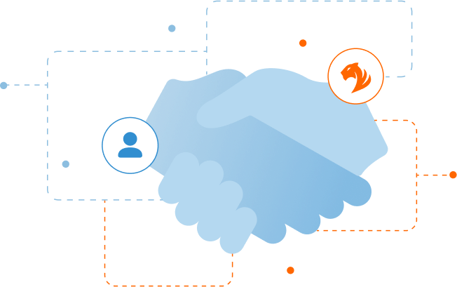 Illustration of two hands shaking, surrounded by dotted-line rectangles with icons: a person on the left and an eagle head on the right, symbolizing partnership or agreement.