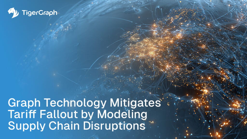 A digital map of Europe glows with interconnected points and lines, illustrating a network powered by Graph Technology. The TigerGraph logo appears in the top left, with text: Graph Technology Mitigates Tariff Fallout by Modeling Supply Chain Disruptions.