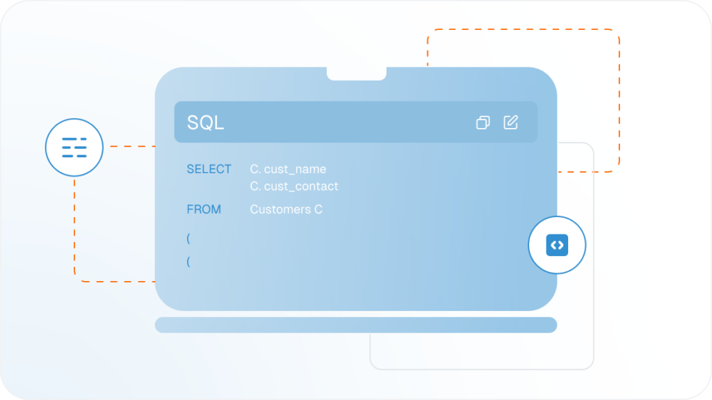 Illustration of a laptop displaying an SQL query: SELECT C.cust_name, C.cust_contact FROM Customers C. Surrounding icons indicate data processing steps. The background features connecting lines and a light blue gradient.