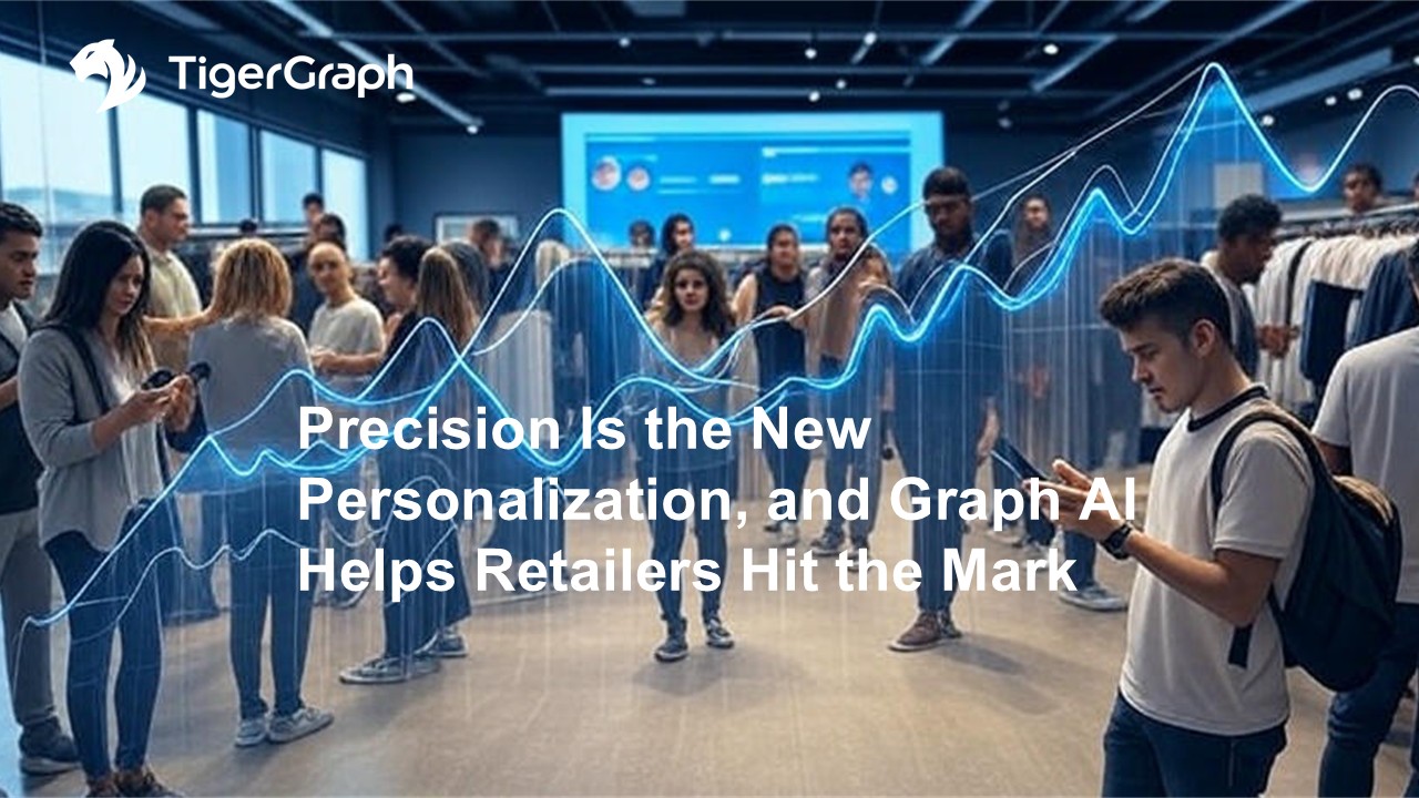 A group of people in a retail clothing store use smartphones and tablets, with digital graph lines and data overlays superimposed. Text reads: Precision Is the New Personalization, and Graph AI Helps Retailers Hit the Mark. TigerGraph logo in corner.